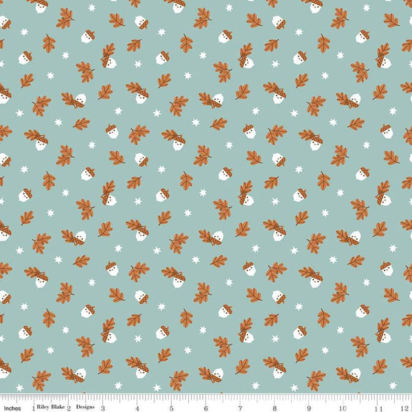 Image of the Twilight Creatures Happy Acorns Songbird quilting cotton fabric by Natàlia Juan Abelló for Riley Blake Designs. Features small scattered acorns, stars, and leaves on a light aqua green background. 
Cute Little Fabric Shop