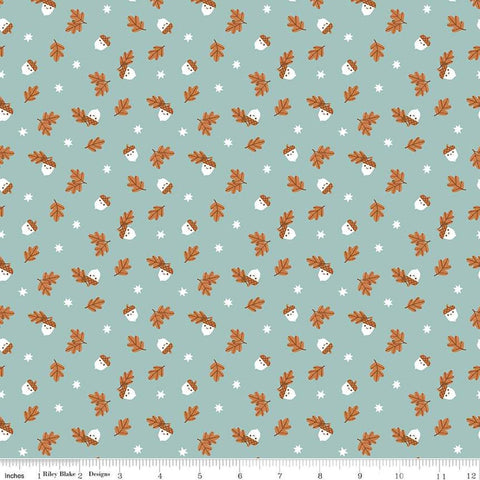 Image of the Twilight Creatures Happy Acorns Songbird quilting cotton fabric by Natàlia Juan Abelló for Riley Blake Designs. Features small scattered acorns, stars, and leaves on a light aqua green background. 
Cute Little Fabric Shop