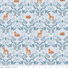 Image of the Twilight Creatures Wild Fawns Ice quilting cotton fabric by Natàlia Juan Abelló for Riley Blake Designs. Features a damask pattern with deer, leaves, acorns, and mushrooms on a pale blue gray background. 
Cute Little Fabric Shop