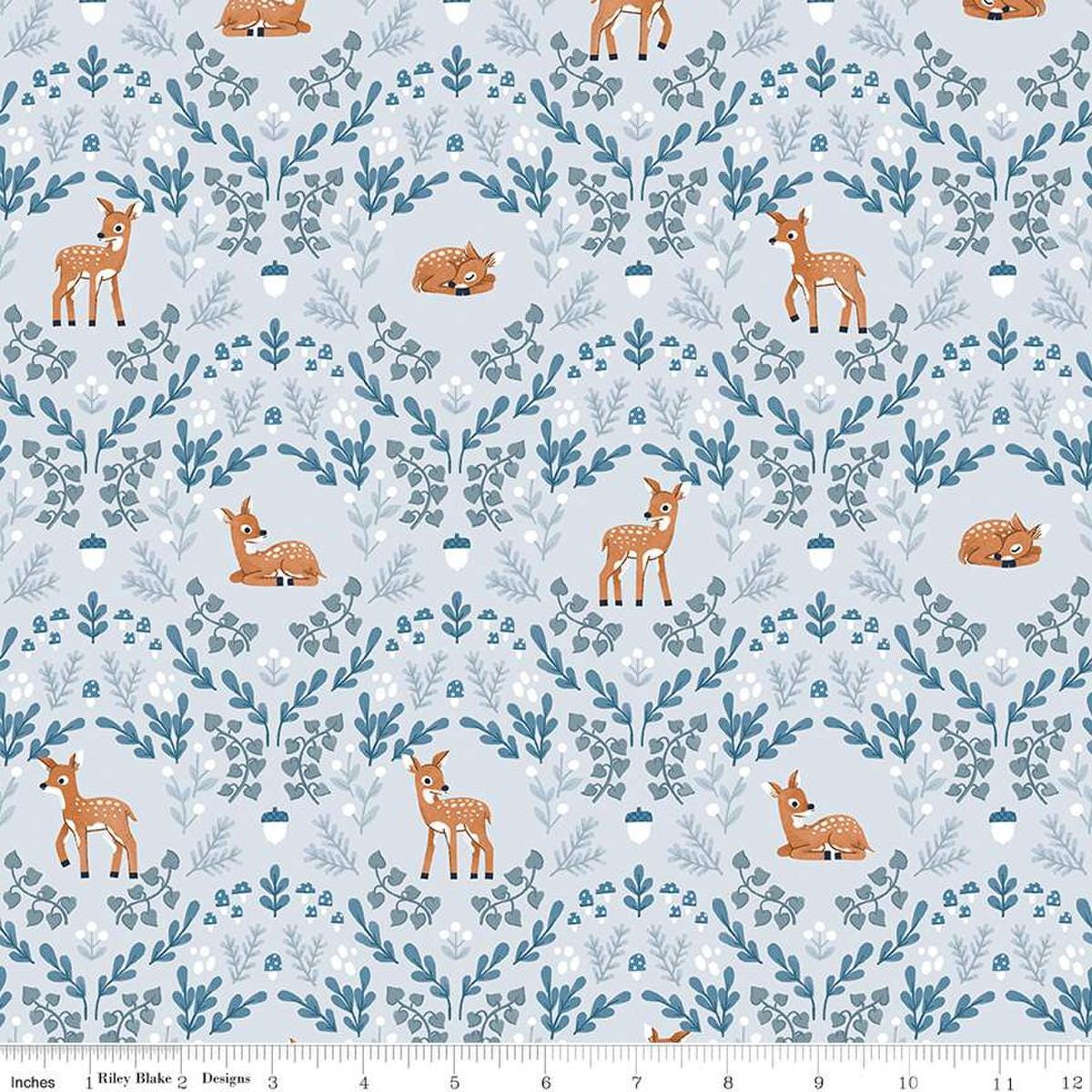 Image of the Twilight Creatures Wild Fawns Ice quilting cotton fabric by Natàlia Juan Abelló for Riley Blake Designs. Features a damask pattern with deer, leaves, acorns, and mushrooms on a pale blue gray background. 
Cute Little Fabric Shop