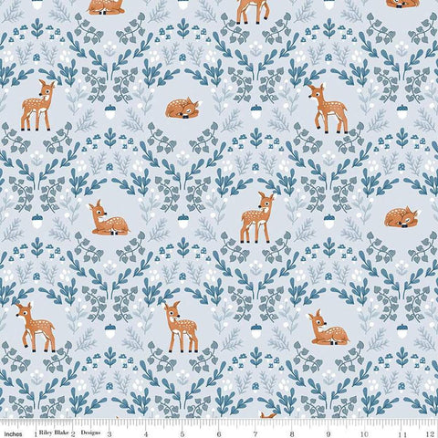 Image of the Twilight Creatures Wild Fawns Ice quilting cotton fabric by Natàlia Juan Abelló for Riley Blake Designs. Features a damask pattern with deer, leaves, acorns, and mushrooms on a pale blue gray background. 
Cute Little Fabric Shop