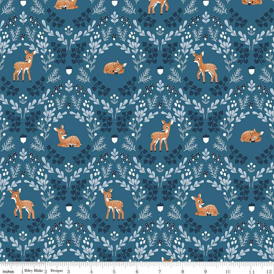 Image of the Twilight Creatures Wild Fawns Blue quilting cotton fabric by Natàlia Juan Abelló for Riley Blake Designs. Features a damask pattern with deer, leaves, acorns, and mushrooms on a dark blue background. 
Cute Little Fabric Shop
