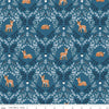 Image of the Twilight Creatures Wild Fawns Blue quilting cotton fabric by Natàlia Juan Abelló for Riley Blake Designs. Features a damask pattern with deer, leaves, acorns, and mushrooms on a dark blue background. 
Cute Little Fabric Shop