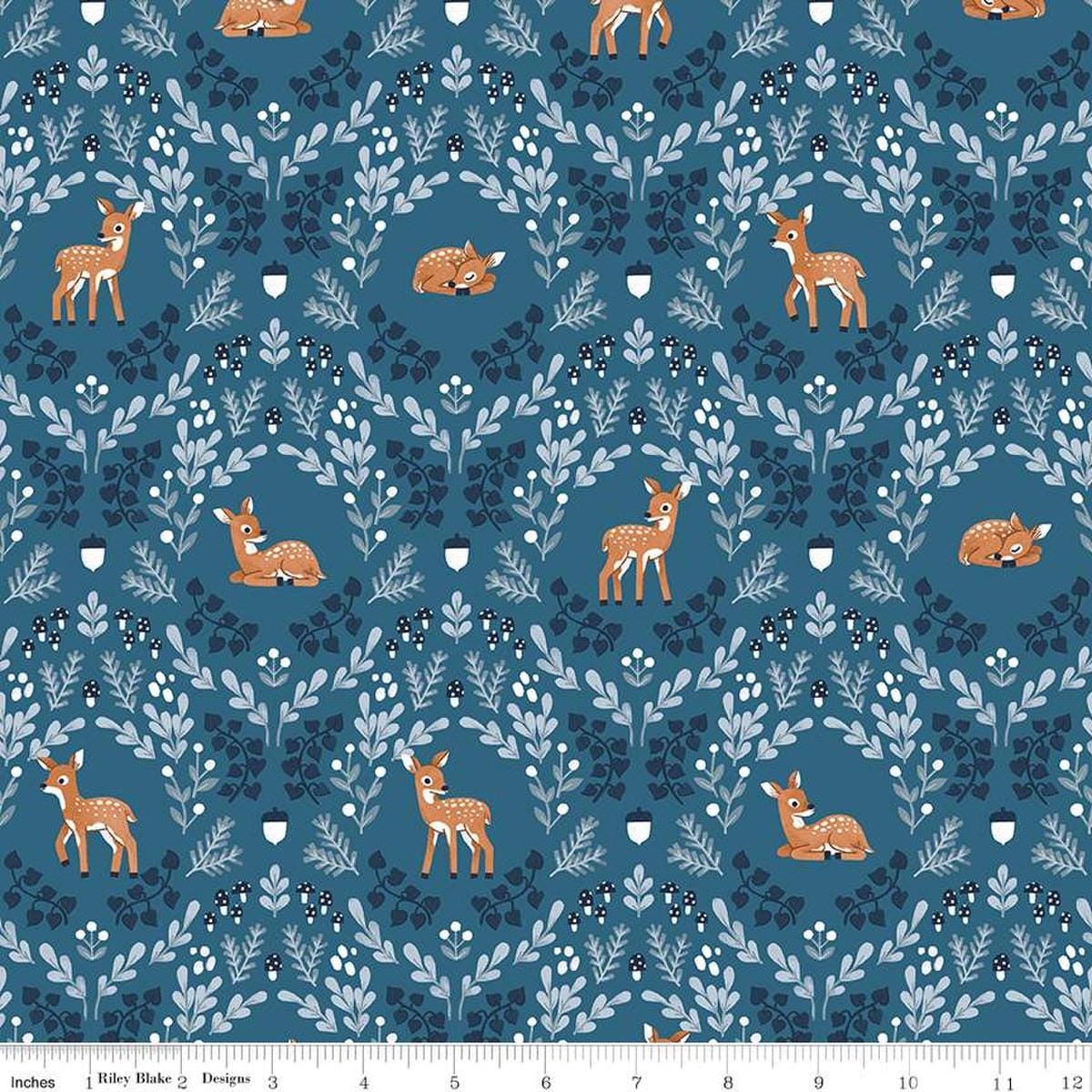 Image of the Twilight Creatures Wild Fawns Blue quilting cotton fabric by Natàlia Juan Abelló for Riley Blake Designs. Features a damask pattern with deer, leaves, acorns, and mushrooms on a dark blue background. 
Cute Little Fabric Shop