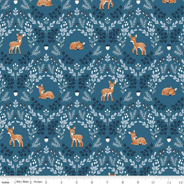 Image of the Twilight Creatures Wild Fawns Blue quilting cotton fabric by Natàlia Juan Abelló for Riley Blake Designs. Features a damask pattern with deer, leaves, acorns, and mushrooms on a dark blue background. 
Cute Little Fabric Shop