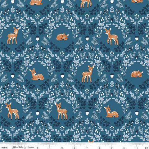 Image of the Twilight Creatures Wild Fawns Blue quilting cotton fabric by Natàlia Juan Abelló for Riley Blake Designs. Features a damask pattern with deer, leaves, acorns, and mushrooms on a dark blue background. 
Cute Little Fabric Shop