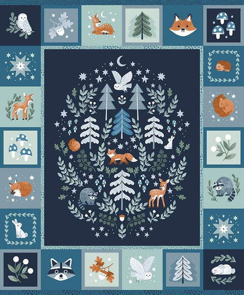 Image of the Twilight Creatures Panel quilting cotton panel by Natàlia Juan Abelló for Riley Blake Designs. Features animals, trees, leaves, and other forest icons on blue backgrounds. 
Cute Little Fabric Shop