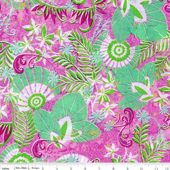 Image of the Expressions Batiks Bedazzled! Prismatic Bliss quilting cotton fabric by Pat Fryer for Riley Blake Designs. Features a flower pattern on a pink background. 
Cute Little Fabric Shop