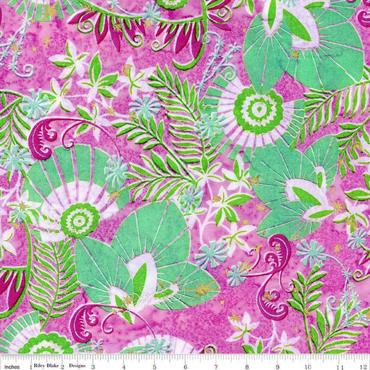 Image of the Expressions Batiks Bedazzled! Prismatic Bliss quilting cotton fabric by Pat Fryer for Riley Blake Designs. Features a flower pattern on a pink background. 
Cute Little Fabric Shop