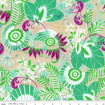 Image of the Expressions Batiks Bedazzled! Spearmint Sprinkles quilting cotton fabric by Pat Fryer for Riley Blake Designs. Features a flower pattern on a yellow background. 
Cute Little Fabric Shop