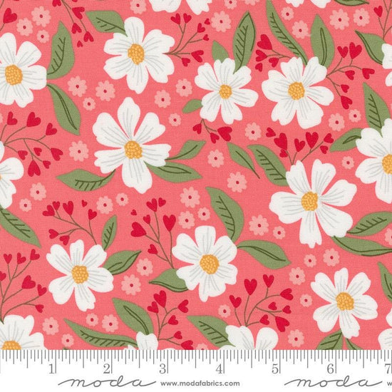 Image of the Love Blooms Florals Lipstick quilting cotton fabric by Moda Fabrics. Features flowers on a pink background. Cute Little Fabric Shop