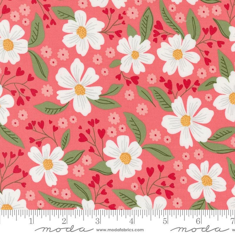 Image of the Love Blooms Florals Lipstick quilting cotton fabric by Moda Fabrics. Features flowers on a pink background. Cute Little Fabric Shop