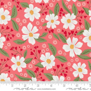 Image of the Love Blooms Florals Lipstick quilting cotton fabric by Moda Fabrics. Features flowers on a pink background. Cute Little Fabric Shop