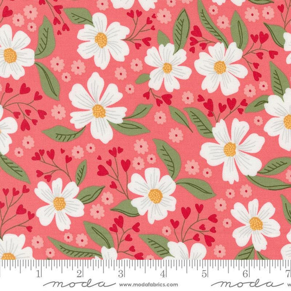 Image of the Love Blooms Florals Lipstick quilting cotton fabric by Moda Fabrics. Features flowers on a pink background. Cute Little Fabric Shop