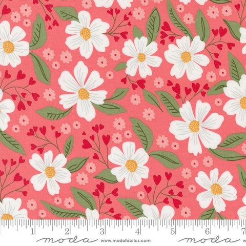 Image of the Love Blooms Florals Lipstick quilting cotton fabric by Moda Fabrics. Features flowers on a pink background. Cute Little Fabric Shop