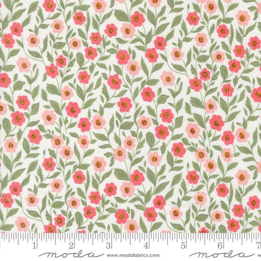 Image of the Love Blooms Cupid Lace quilting cotton fabric by Moda Fabrics. Features flowers on a white background. Cute Little Fabric Shop