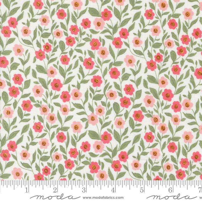 Image of the Love Blooms Cupid Lace quilting cotton fabric by Moda Fabrics. Features flowers on a white background. Cute Little Fabric Shop