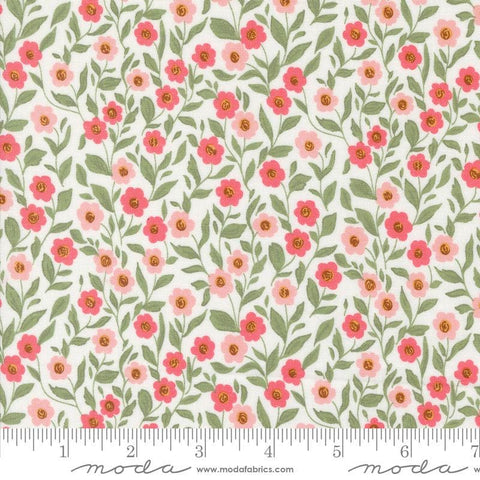 Image of the Love Blooms Cupid Lace quilting cotton fabric by Moda Fabrics. Features flowers on a white background. Cute Little Fabric Shop