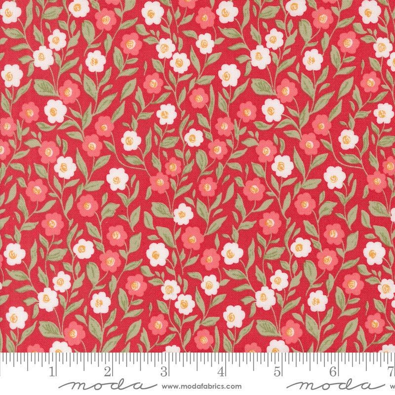 Image of the Love Blooms Cupid Rose quilting cotton fabric by Moda Fabrics. Features flowers on a red background. Cute Little Fabric Shop