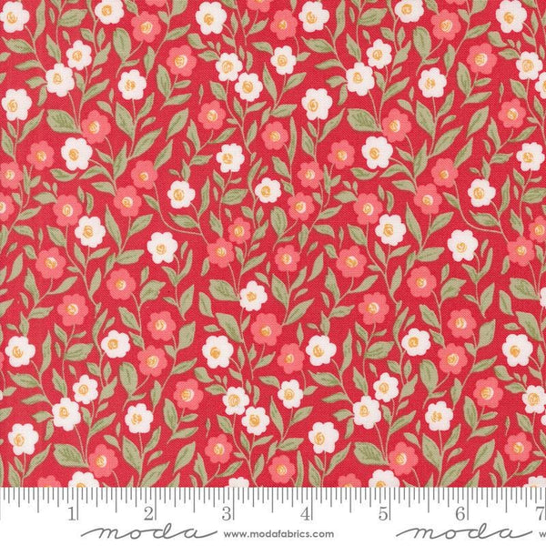 Image of the Love Blooms Cupid Rose quilting cotton fabric by Moda Fabrics. Features flowers on a red background. Cute Little Fabric Shop