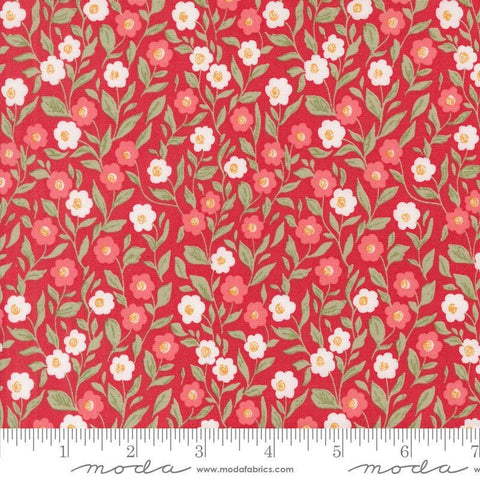 Image of the Love Blooms Cupid Rose quilting cotton fabric by Moda Fabrics. Features flowers on a red background. Cute Little Fabric Shop