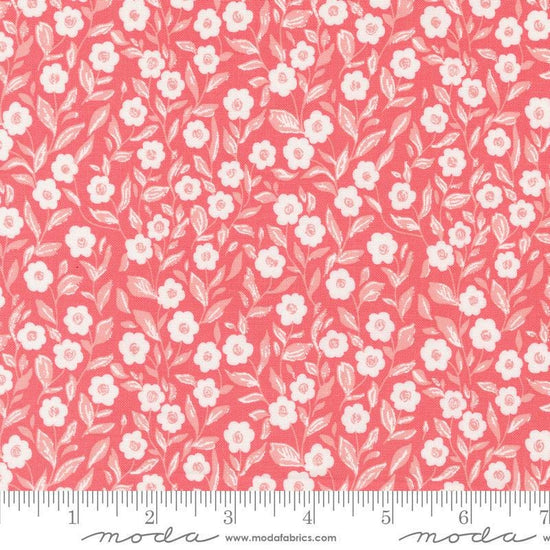 Image of the Love Blooms Cupid Lipstick quilting cotton fabric by Moda Fabrics. Features flowers on a pink background. Cute Little Fabric Shop