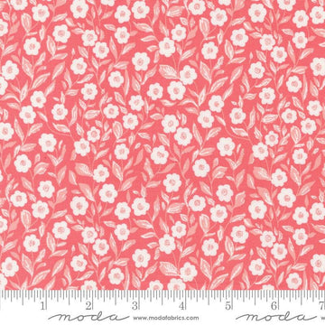 Image of the Love Blooms Cupid Lipstick quilting cotton fabric by Moda Fabrics. Features flowers on a pink background. Cute Little Fabric Shop