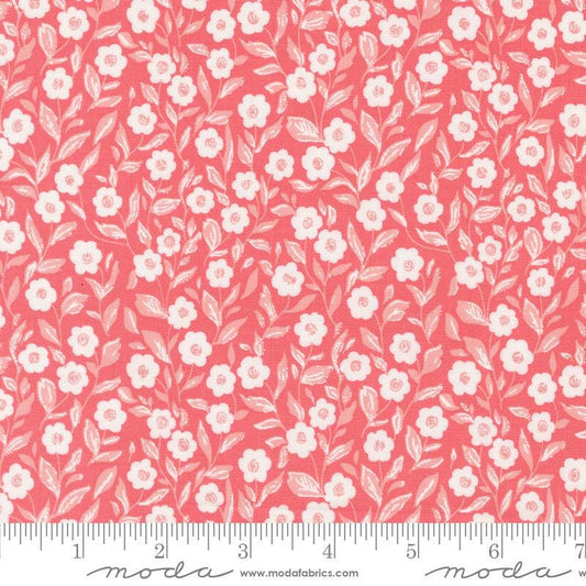 Image of the Love Blooms Cupid Lipstick quilting cotton fabric by Moda Fabrics. Features flowers on a pink background. Cute Little Fabric Shop