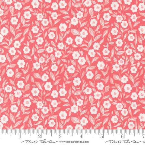 Image of the Love Blooms Cupid Lipstick quilting cotton fabric by Moda Fabrics. Features flowers on a pink background. Cute Little Fabric Shop