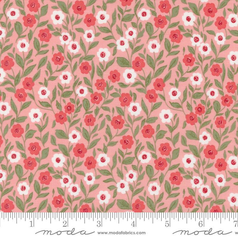 Image of the Love Blooms Cupid Blush quilting cotton fabric by Moda Fabrics. Features flowers on a pink background. Cute Little Fabric Shop