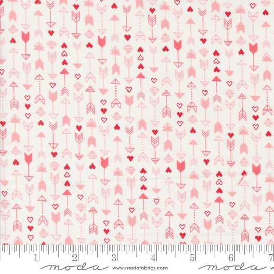 Image of the Love Blooms Arrow Lace quilting cotton fabric by Moda Fabrics. Features arrows on a white background. Cute Little Fabric Shop