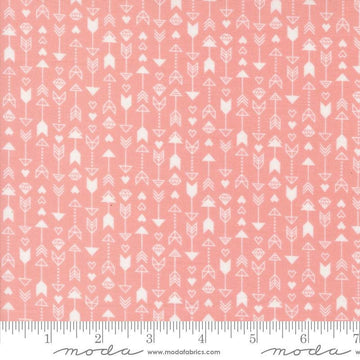 Image of the Love Blooms Arrow Blush quilting cotton fabric by Moda Fabrics. Features arrows on a pink background. Cute Little Fabric Shop