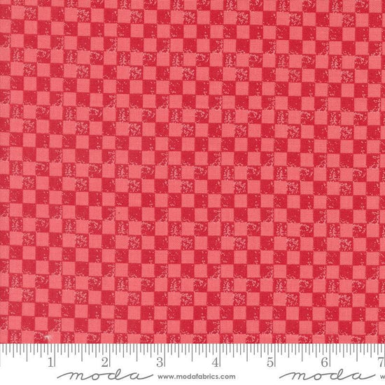 Image of the Love Blooms Checkers Rose quilting cotton fabric by Moda Fabrics. Features a checkered pattern on a red background. Cute Little Fabric Shop