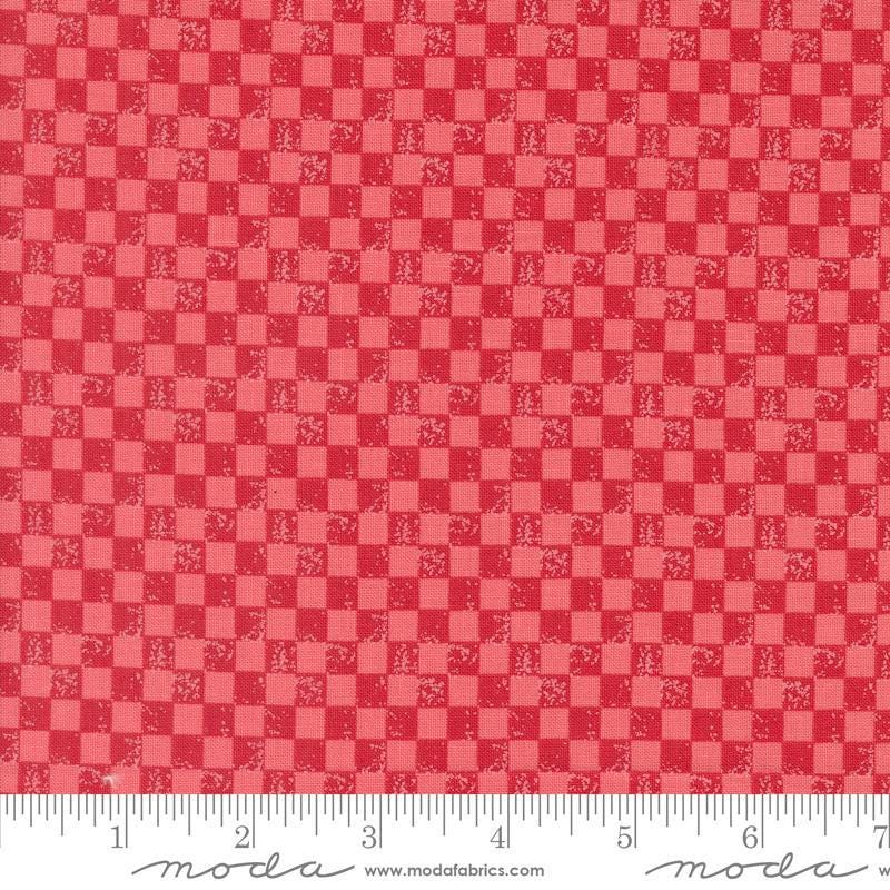 Image of the Love Blooms Checkers Rose quilting cotton fabric by Moda Fabrics. Features a checkered pattern on a red background. Cute Little Fabric Shop