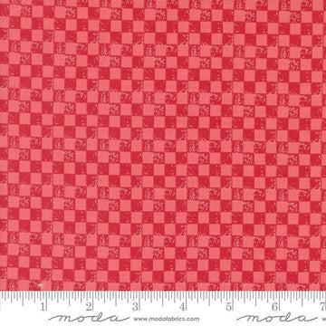 Image of the Love Blooms Checkers Rose quilting cotton fabric by Moda Fabrics. Features a checkered pattern on a red background. Cute Little Fabric Shop