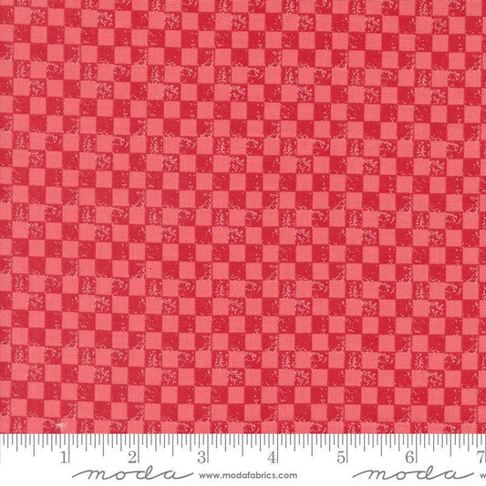 Image of the Love Blooms Checkers Rose quilting cotton fabric by Moda Fabrics. Features a checkered pattern on a red background. Cute Little Fabric Shop