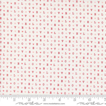 Image of the Love Blooms LOVE Lace quilting cotton fabric by Moda Fabrics. Features the word LOVE on a white background. Cute Little Fabric Shop