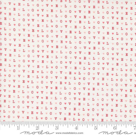 Image of the Love Blooms LOVE Lace quilting cotton fabric by Moda Fabrics. Features the word LOVE on a white background. Cute Little Fabric Shop