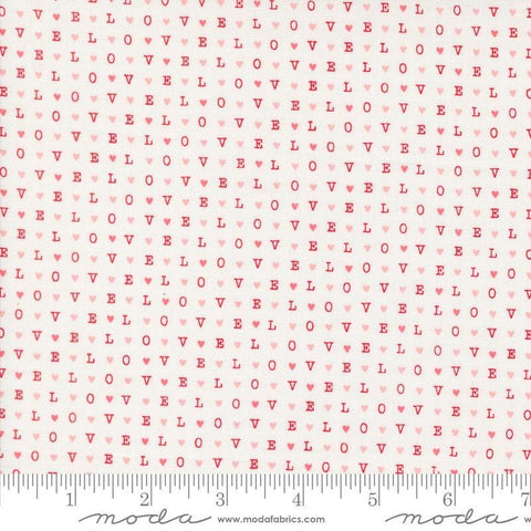 Image of the Love Blooms LOVE Lace quilting cotton fabric by Moda Fabrics. Features the word LOVE on a white background. Cute Little Fabric Shop