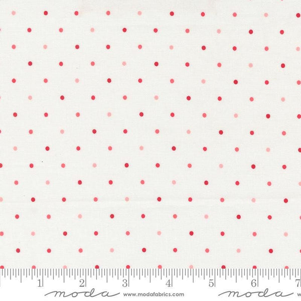 Image of the Love Blooms Magic Dots Love quilting cotton fabric by Moda Fabrics. Features small dots on a white background. Cute Little Fabric Shop