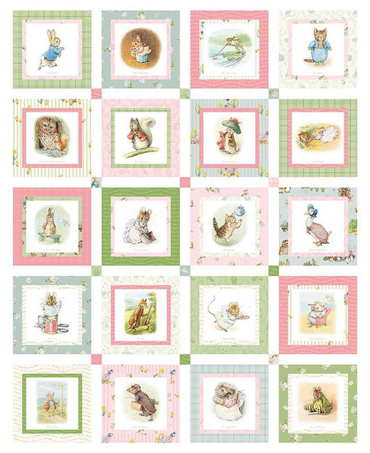 Image of the Peter Rabbit and Friends Panel by Beatrix Potter for Riley Blake Designs. Features Peter Rabbit animals on various backgrounds. 
Cute Little Fabric Shop