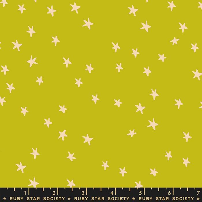 Image of the Starry Blenders Star Pistachio quilting cotton fabric by Alexia Abegg for Moda Fabrics. Features small scattered stars on a lime background. Cute Little Fabric Shop