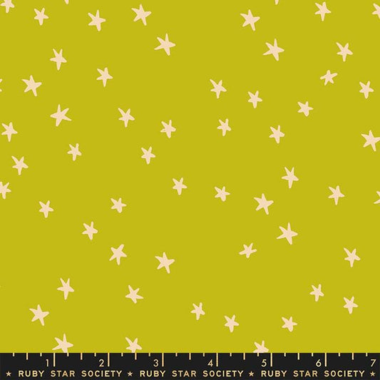 Image of the Starry Blenders Star Pistachio quilting cotton fabric by Alexia Abegg for Moda Fabrics. Features small scattered stars on a lime background. Cute Little Fabric Shop