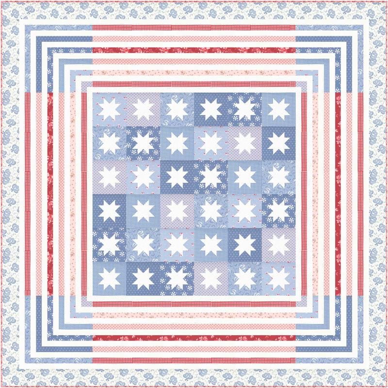 Image of the Hollyhocks Roses Kit by Moda Fabrics. Features a geometric flag style quilt. 
Cute Little Fabric Shop