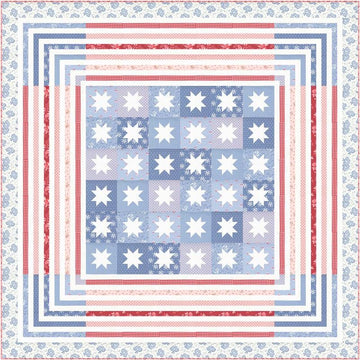 Image of the Hollyhocks Roses Kit by Moda Fabrics. Features a geometric flag style quilt. 
Cute Little Fabric Shop