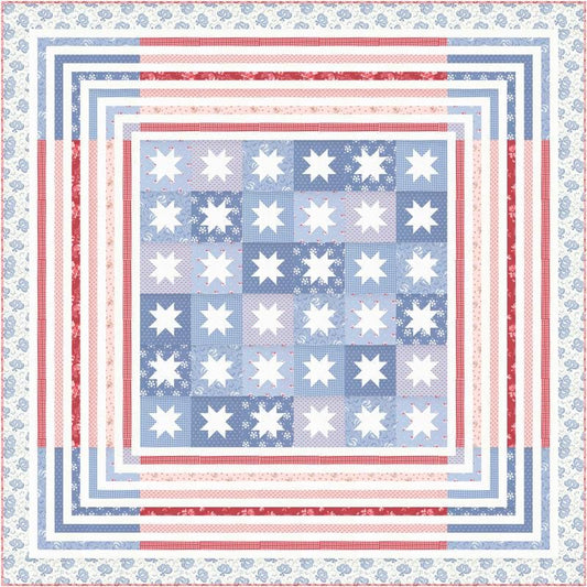 Image of the Hollyhocks Roses Kit by Moda Fabrics. Features a geometric flag style quilt. 
Cute Little Fabric Shop