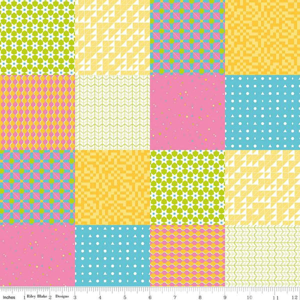 Image of the Celebrate Patchwork Yellow
 quilting cotton fabric by Sue Daley for Riley Blake Designs. Features a patchwork of bright colorful patterns on a many backgrounds.
Cute Little Fabric Shop