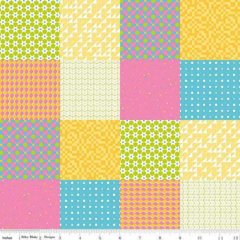 Image of the Celebrate Patchwork Yellow
 quilting cotton fabric by Sue Daley for Riley Blake Designs. Features a patchwork of bright colorful patterns on a many backgrounds.
Cute Little Fabric Shop