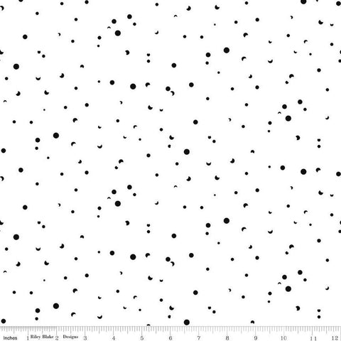 Image of the Celebrate Confetti White
 quilting cotton fabric by Sue Daley for Riley Blake Designs. Features brightly colored dots and crescent moons on a bright white background.
Cute Little Fabric Shop