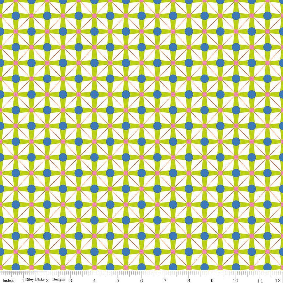 Image of the Celebrate Geo Lime quilting cotton fabric by Sue Daley for Riley Blake Designs. Features a geometric grid design with dots on a lime background
Cute Little Fabric Shop